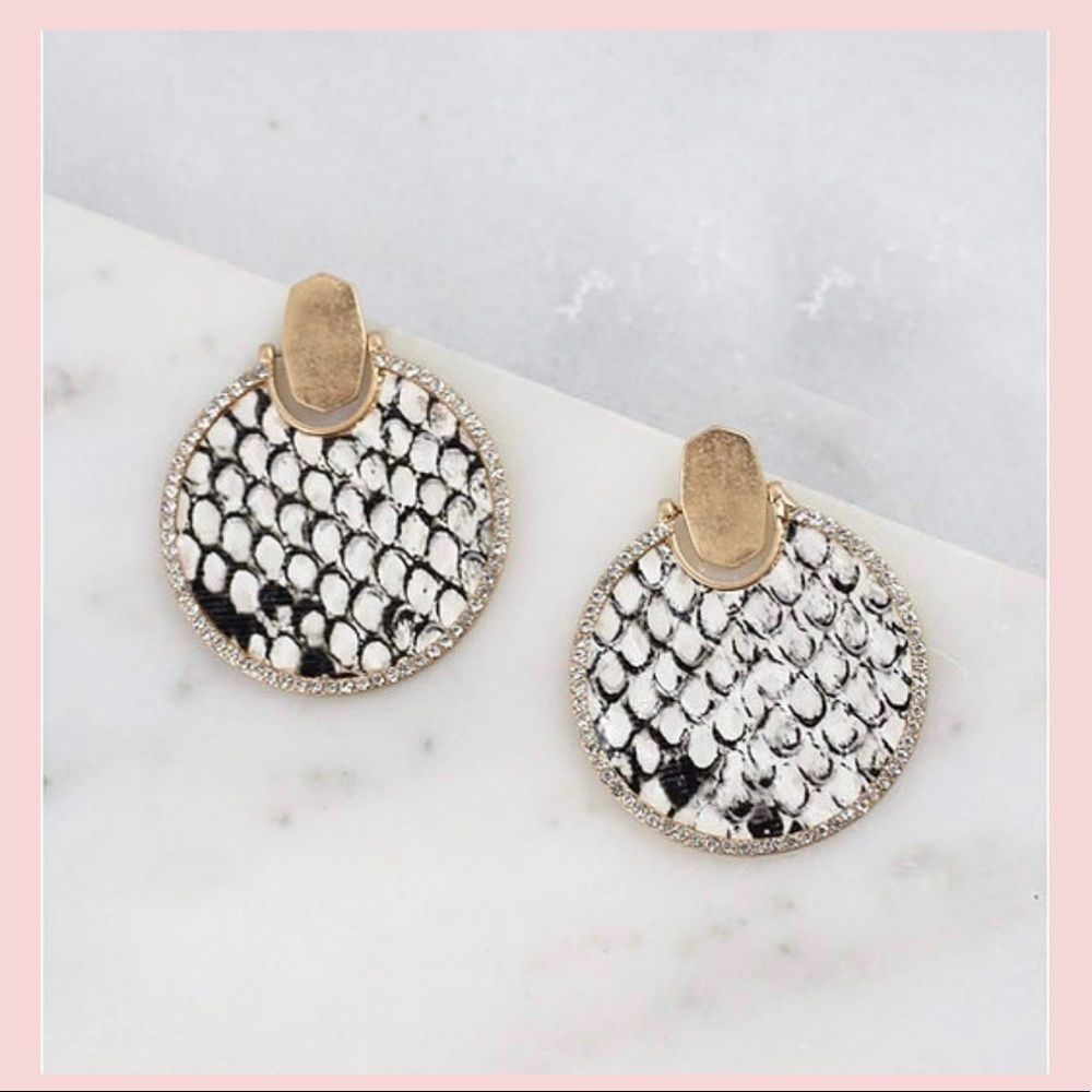 Round CZ Lined Snake Print Earrings